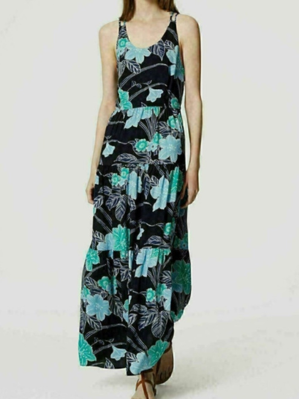 Loft Navy Floral Maxi Dress with Teal & Light Blue Print